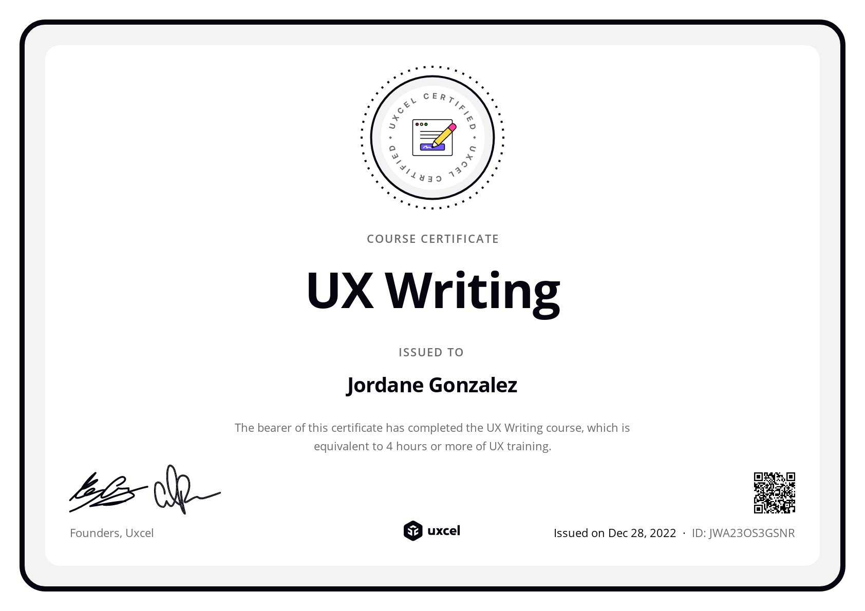 Jordane Gonzalez's certificate